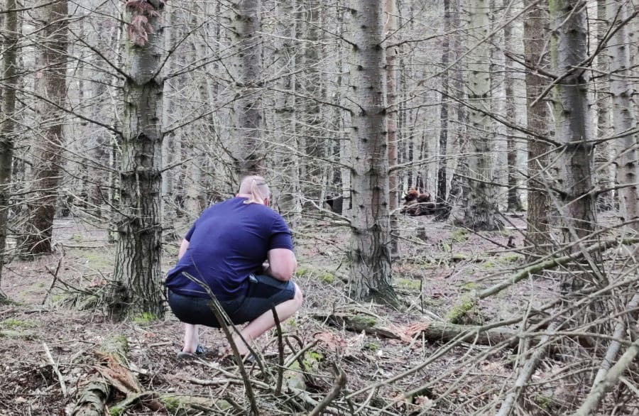Pernille Ravnsbæk kom tæt på nogle af bisonerne på Bornholm. Her ses hendes svoger, der tager sig et ekstra godt kig på de store klovdyr. Privatfoto.