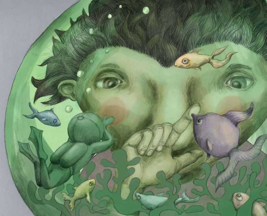 Gakkelaksen er en ny børnebog, der skal hjælpe børn og forældre med at sætte ord på psykisk sygdom. Her taler bogens hovedpersonen med sine fisk, fordi han ikke har andre at tale med. Illustration: Anna Jacobina Jacobsen 