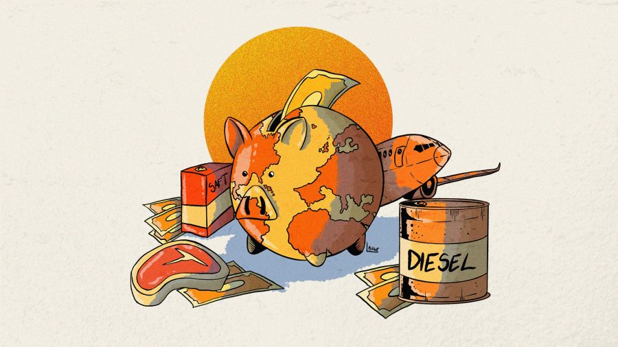 I Aarhus Kommune har sparet 513 tons CO2 ved at betales en intern CO2-afgift på blandt andet oksekød og flyrejser. Illustration: Lauge Eilsøe-Madsen. 